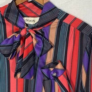 Vintage DEVON Blouse Striped Bow Tie High Neck Long Sleeve 70s Retro Womens M